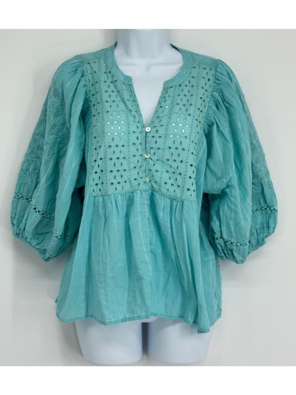Sundance Eyelet Lace Blouse Boho Medium Blue Peasant Top Cotton Romantic
